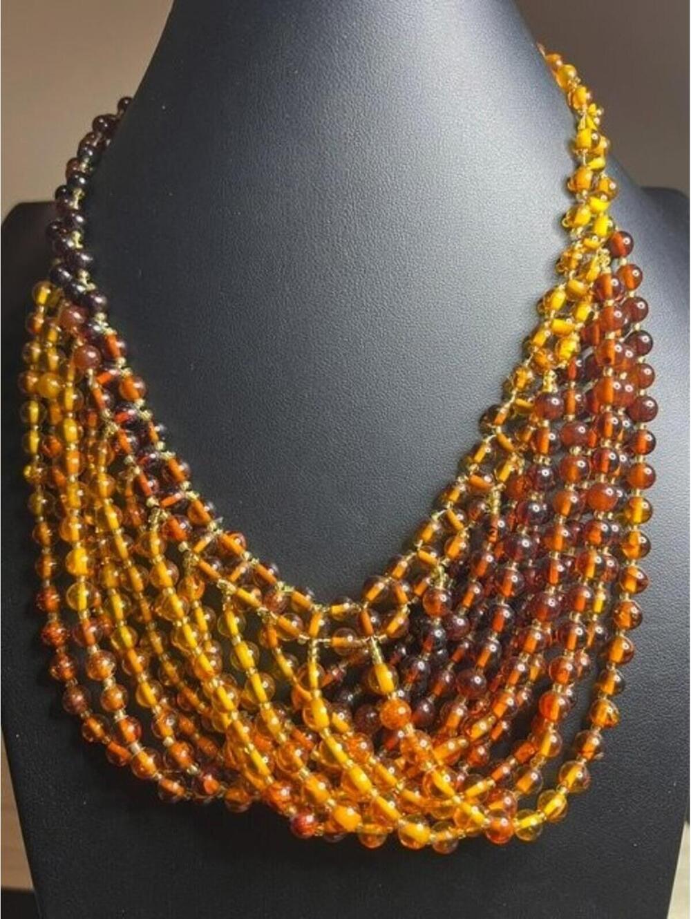 B4976 Multi-Strand Beaded Statement Necklace Natural Amber Graduated Color 18"